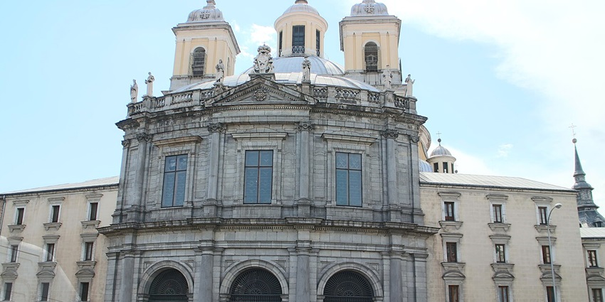 Front facade of Royal Basilica of San Francisco el Grande with detailed architecture