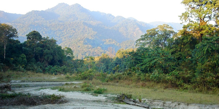 River flowing through Royal Manas National Park with distant mountains and lush greenery.