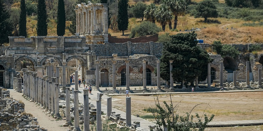 Facade of the Library of Celsus, a testament to the ancient Monuments in Turkey.