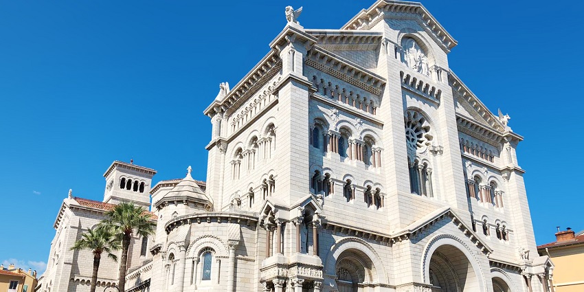 Saint Nicholas Cathedral in Monaco with detailed architecture, carvings and small statues
