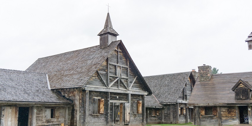 Reconstructed wooden buildings and stockade walls at Sainte-Marie among the Hurons.
