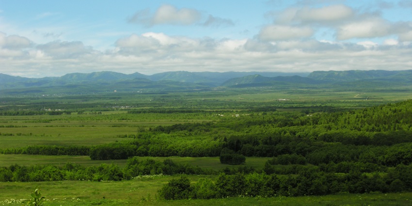 Forested mountains and the landscape of Sakhalin Island, among the best islands in Russia.