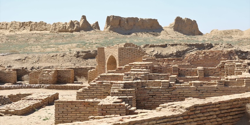 Sauran ancient city with ruined architecture and old, broken walls of buildings and structures
