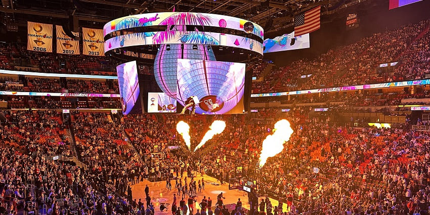 Miami Heat basketball game action at the Kaseya Centre arena.
