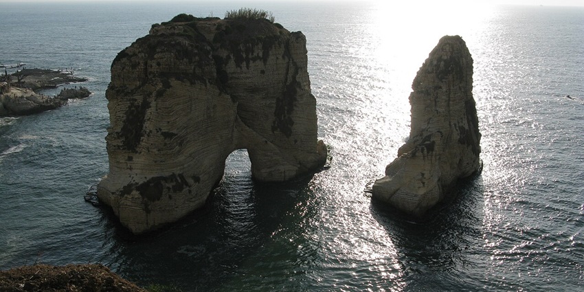 The Pigeon Rocks, iconic natural landmarks in Beirut’s Raouche area, offer stunning sea views.