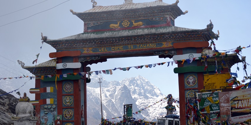 Sela Pass with the entrance gate, and the backdrop of mighty snow covered peaks, Tawang