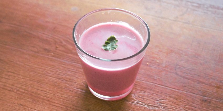 The refreshing pink Sol Kadhi made from kokum and coconut milk, best served chilled.