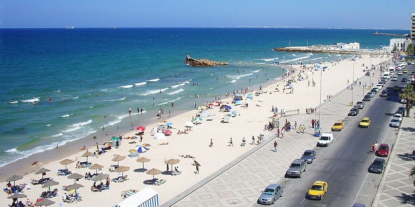 Stunning aerial view of Sousse Beach, one of the most beautiful beaches in Tunisia, with serene waves.