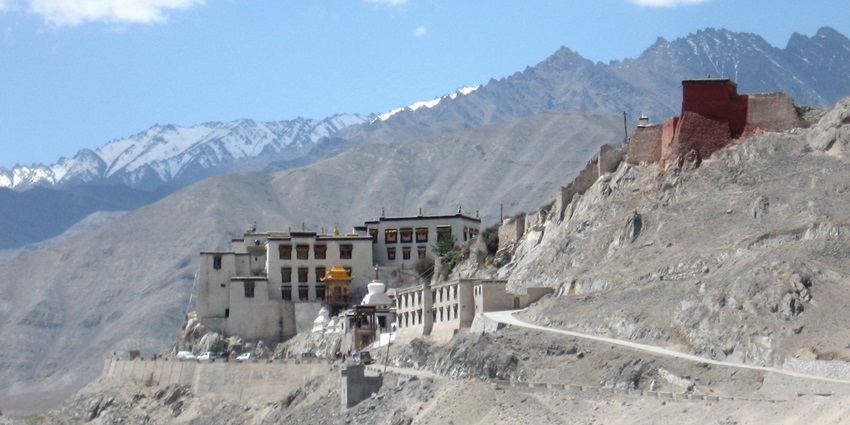 Spituk Monastery is perched on a hill, one of the best places to visit in Ladakh in March