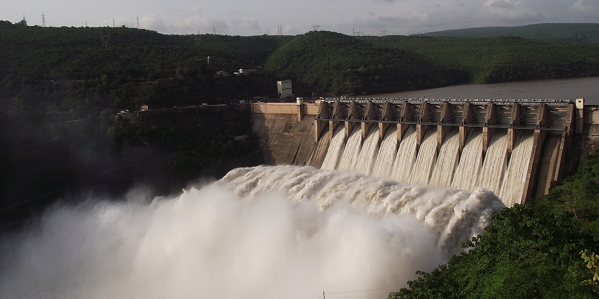 Glimpse of Srisailam dam when ten gates of the dam are open to view for the tourists.