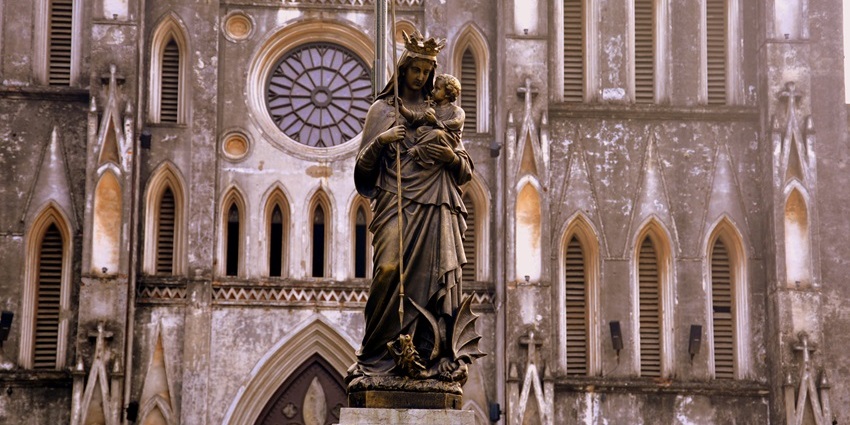 Neo-Gothic facade of St. Joseph's Cathedral in central Hanoi, one of the Historical Places in Hanoi