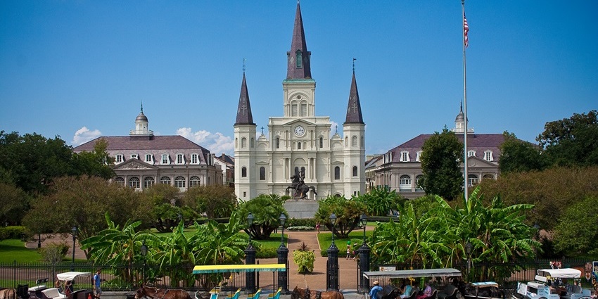 Tall spires of St. Louis Cathedral, one of the historical places in New Orleans.