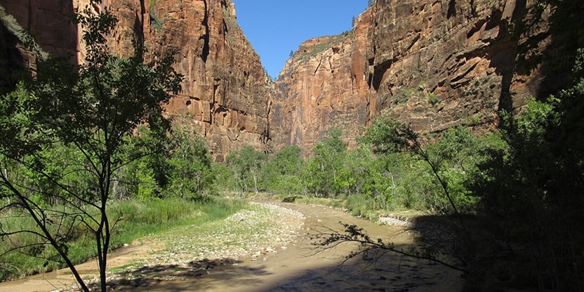 Gentle paved trail with views of cliffs and the Virgin River along Zion’s Riverside Walk.