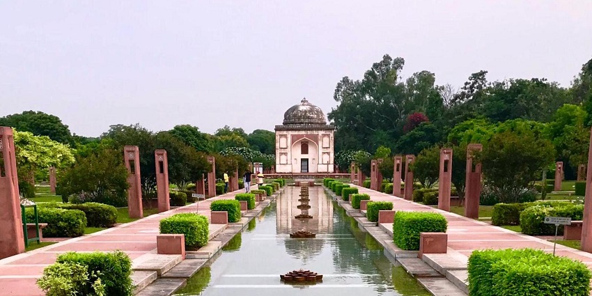 Sunder nursery with a small water stream old structure, and greenery, amongst the best places to visit in Delhi in October.