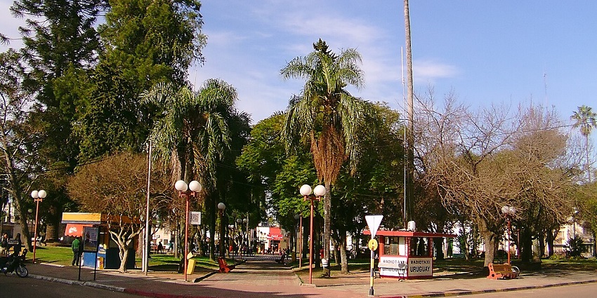 A tree-lined public square with palm trees, lamp posts, and small kiosks is surrounded by people and bordered by a street.