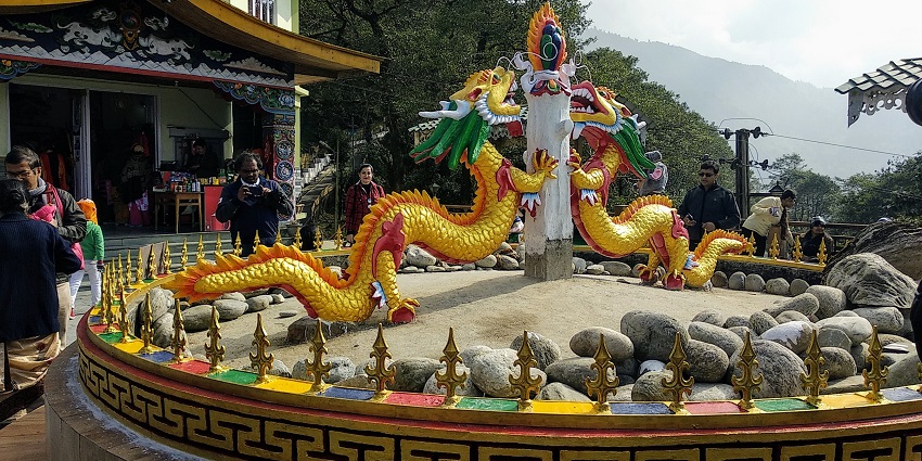 Dragon-shaped structure at Tashi View Point with intricate design, amongst the top places to visit in Gangtok in March.