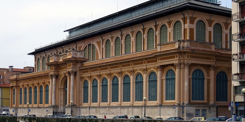The Mercato delle Vettovaglie in Livorno, Italy, with displays of fresh produce and goods.