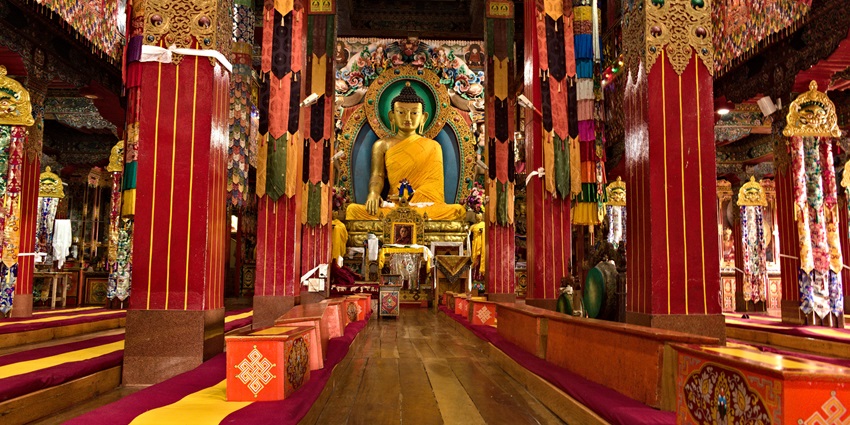 Interior of the Tawang monastery with old traditional Buddhist architectural buildings.
