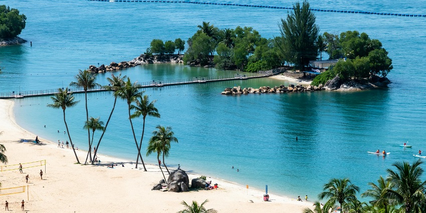 Sandy shoreline and calm blue waters at Sentosa Beach with palm trees and a relaxing atmosphere.