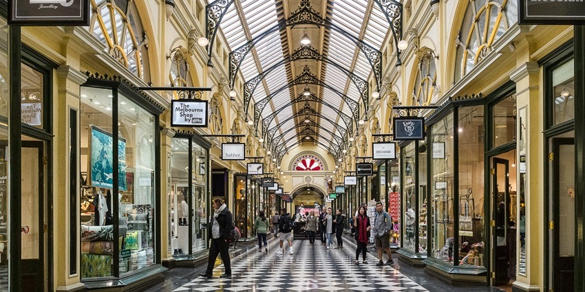 Ornate mosaic floors and glass canopy inside The Block Arcade.