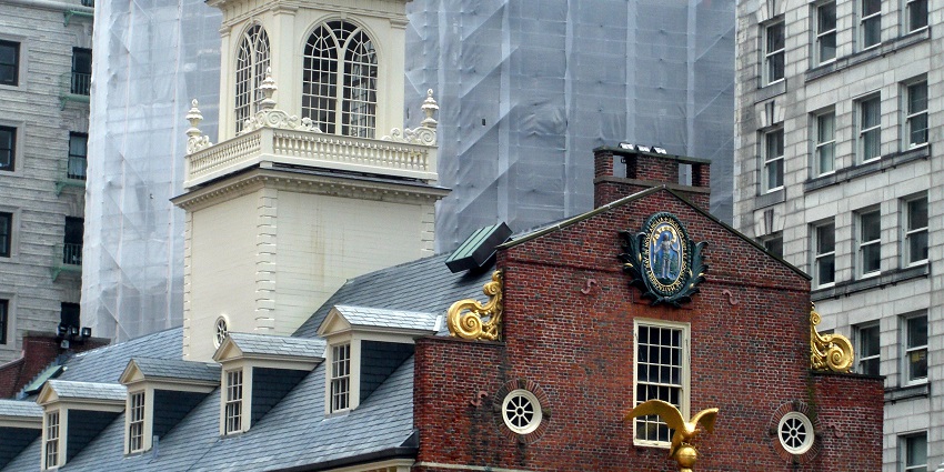 Historic Boston Old State House with a golden eagle ornament, a major historical place.