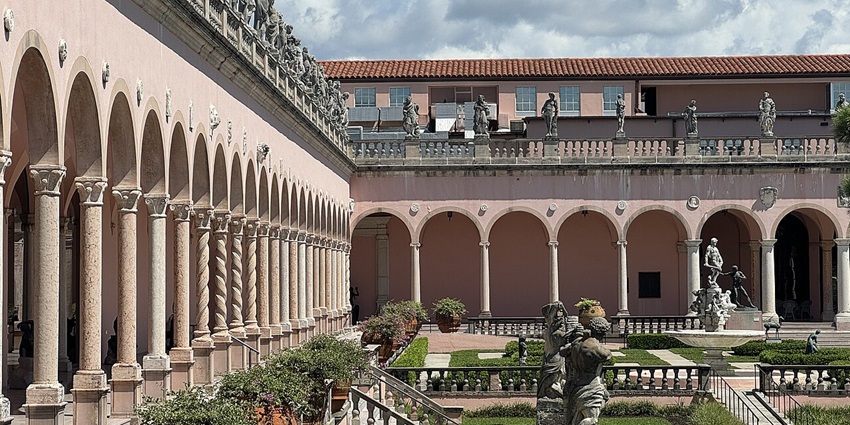 The courtyard of the Ringling Museum of Art in Sarasota with multiple detailed statues