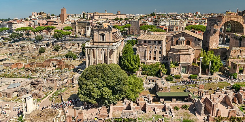 The Roman Forum from the top with ruined ancient architecture and partial greenery.