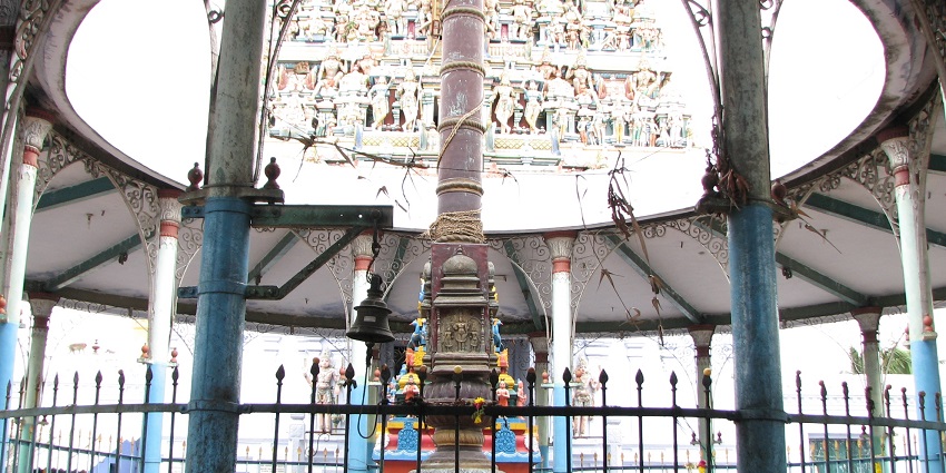 An image of a flag pole in Thiruporur Murugan Temple, a very popular Murugan temple in Chennai.