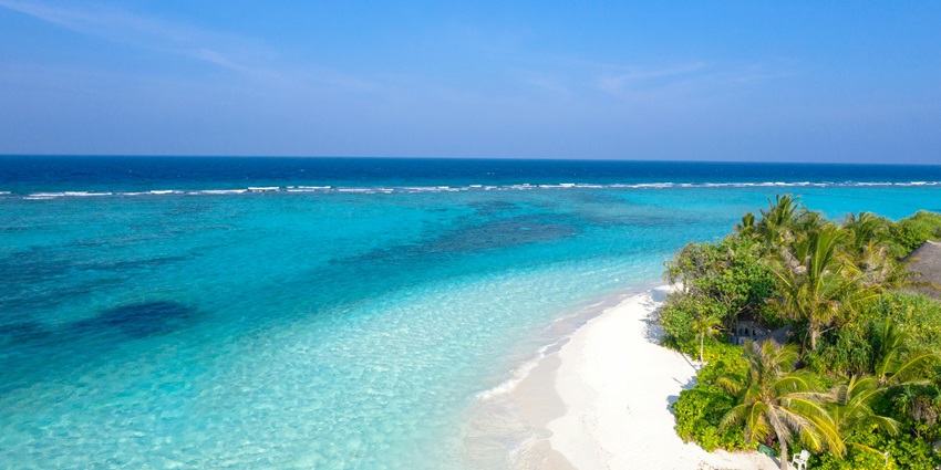 Image of the sandy shore with crystal clear water of Thoddoo Island, is one of the top places to visit in Maldives in January.