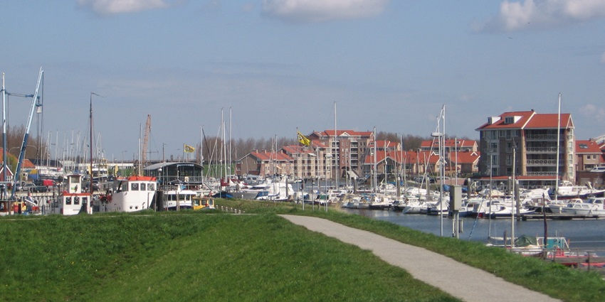 The view of Tholen Island, with patchwork farmland and historic town structures.