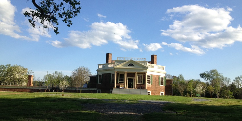 The octagonal central building of Poplar Forest, surrounded by trees, is a unique historic site near Lynchburg.