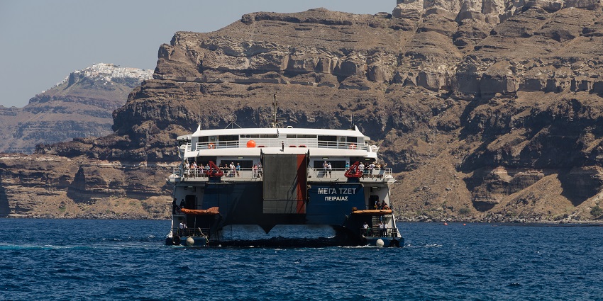 Megajet ferry at Athinios harbour, Greece, for fast, modern, convenient transport