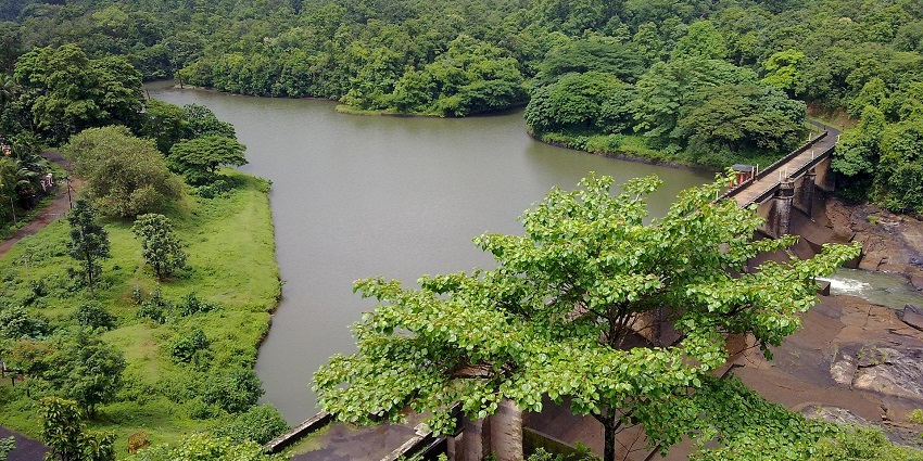 River flowing under a bridge surrounded by lush green landscape