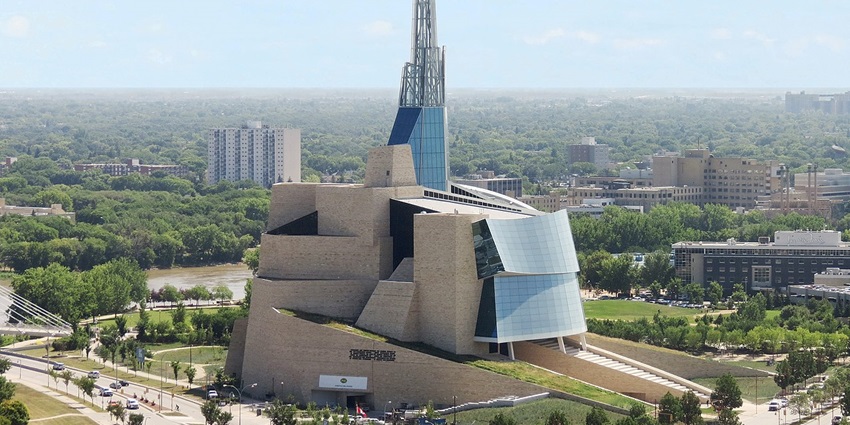 Modern glass architecture of the Canadian Museum for Human Rights with the entrance plaza.