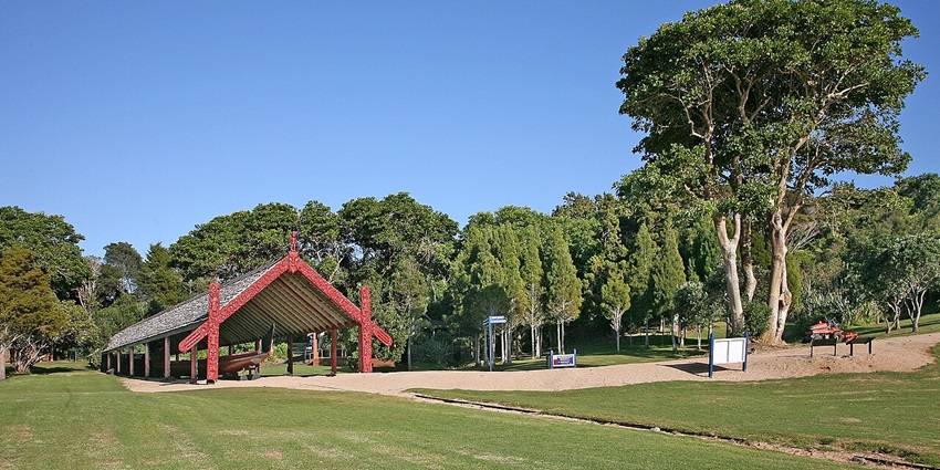 Waitangi treaty grounds with hut-like structures, a famous historical place in New Zealand