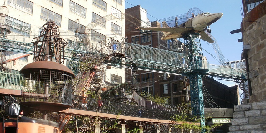 Outdoor structures at City Museum in St. Louis feature unique, repurposed materials and creative designs.