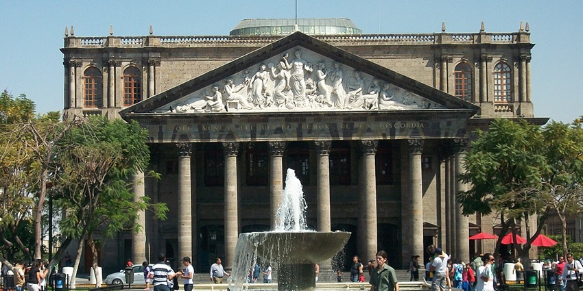 Ornate neoclassical theatre front, among the top things to do in Guadalajara, Mexico.