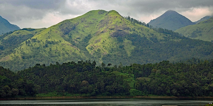 Lush green landscape and rolling hills in Wayanad with dense forests and clear skies