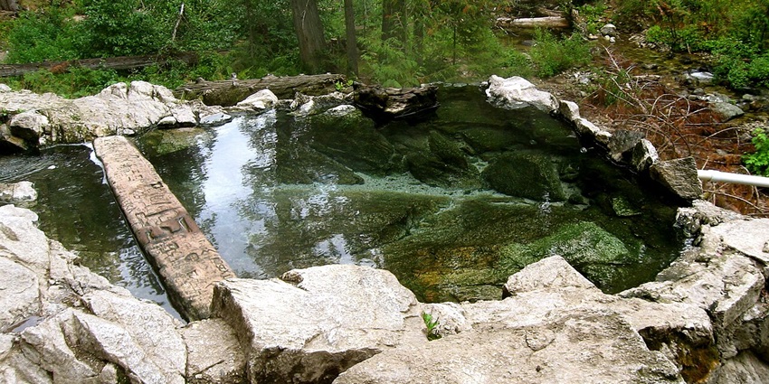 Green water body of Weir Creek hot springs surrounded by stones and lush greenery.