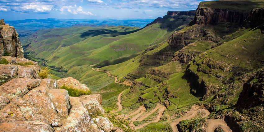 Sani Pass in South Africa, heading to Lesotho, with unique road patterns and green hills