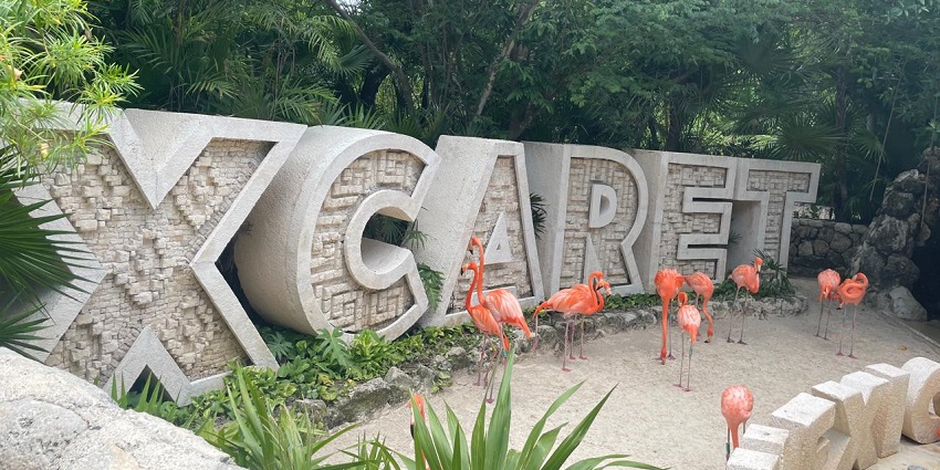 Large stone "XCARET" sign surrounded by lush greenery and a group of pink flamingos.