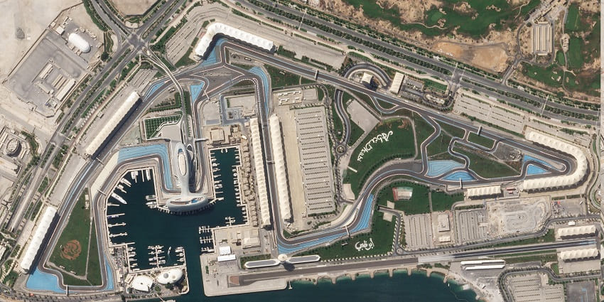 A satellite view of Yas Island in Abu Dhabi, one of the premier entertainment-focused islands in the UAE.