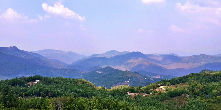 Scenic view of Yercaud hills with forests, misty valleys, and scattered hilltop homes.
