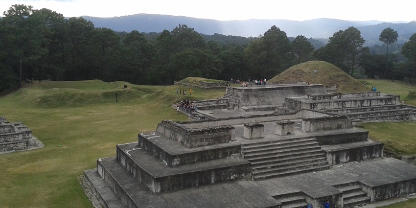 Restored white pyramids of Zaculeu under clear sky, a top historical places in Guatemala