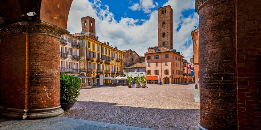Charming city square in Alba, one of the delightful places to visit near Turin, Italy.