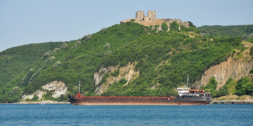 A large cargo ship sails past a lush green hill with ancient castle ruins, amongst the top places to visit near Istanbul.