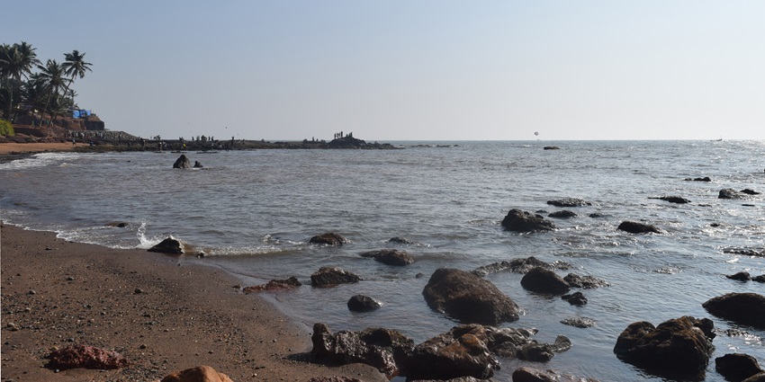 Anjuna beach in Goa with small rocks in the water, sandy shorelines and green palm trees.