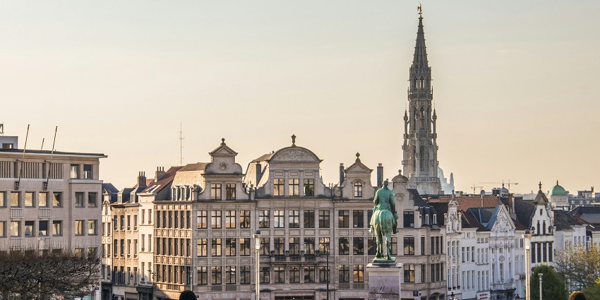 Brussels with people walking on the lawn and a statue facing multiple historical buildings.