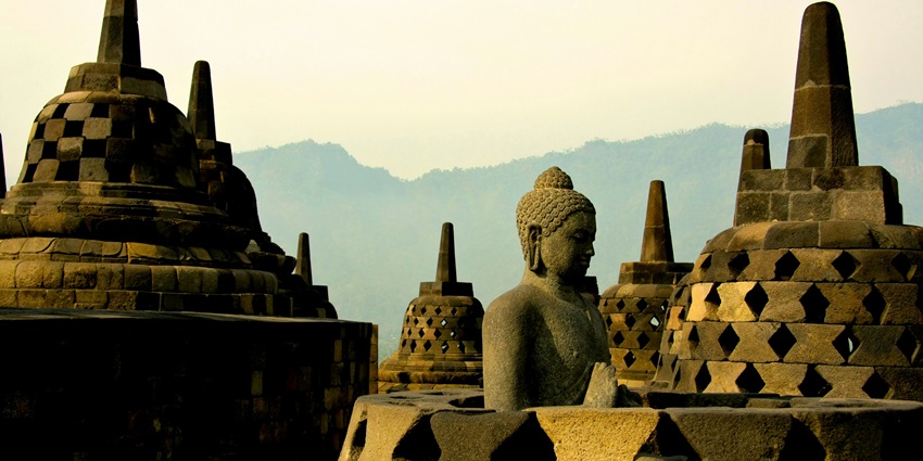 The ancient Borobudur Temple, with its intricate carvings,is a remarkable place to visit near Yogyakarta.