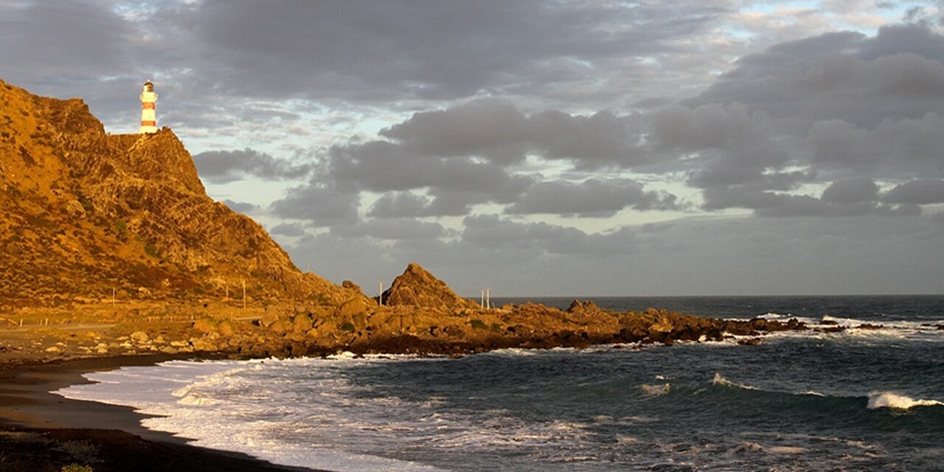 Cape Palliser lighthouse on the rocky coast, a scenic spot among places to visit near Wellington.